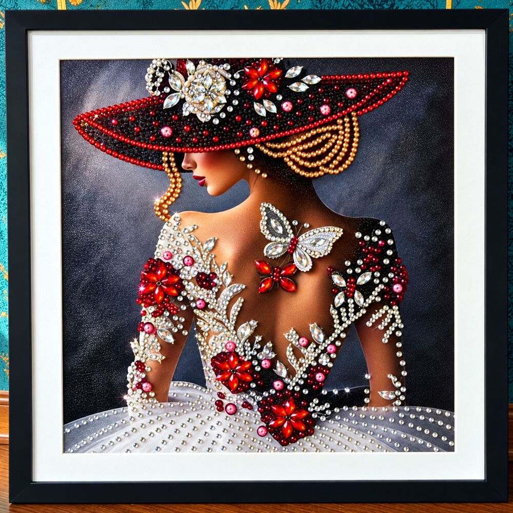 Handcrafted 5D Diamond Art Jeweled Lady 14x14 Sealed Matted & Framed